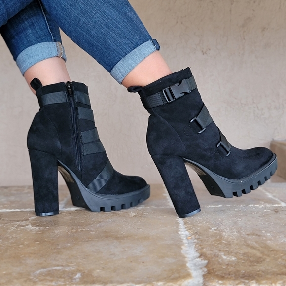 Women's Platform Ankle Boots Chunky Heel Boots Black Color - Picture 2 of 6